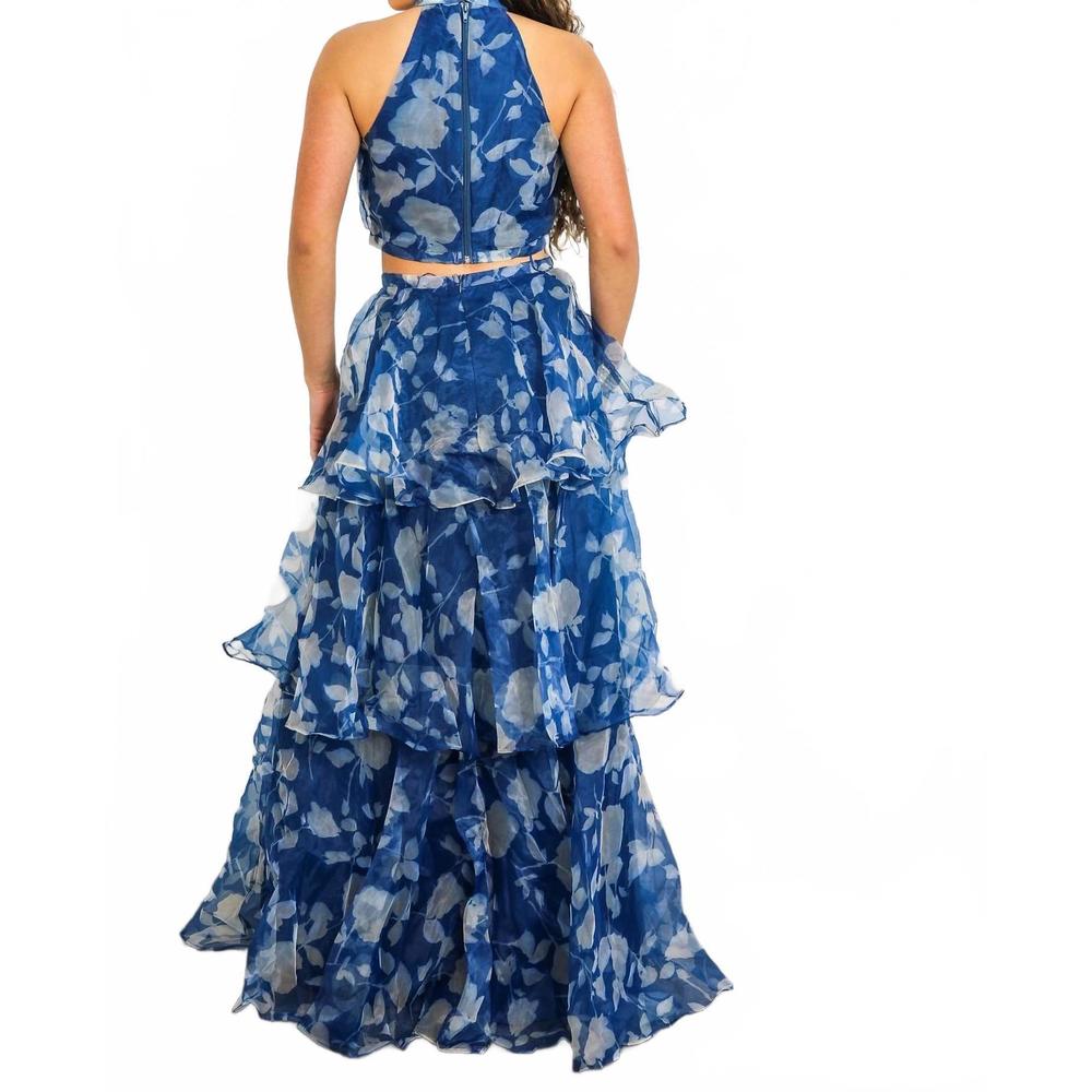 NEW SURELYMINE tiered ruffle two-piece set halter crop top & maxi skirt in blue - Picture 8 of 8